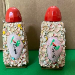 1950’s Florida Kitsch! Salt and Pepper Shakers covered with shells. Metal caps.